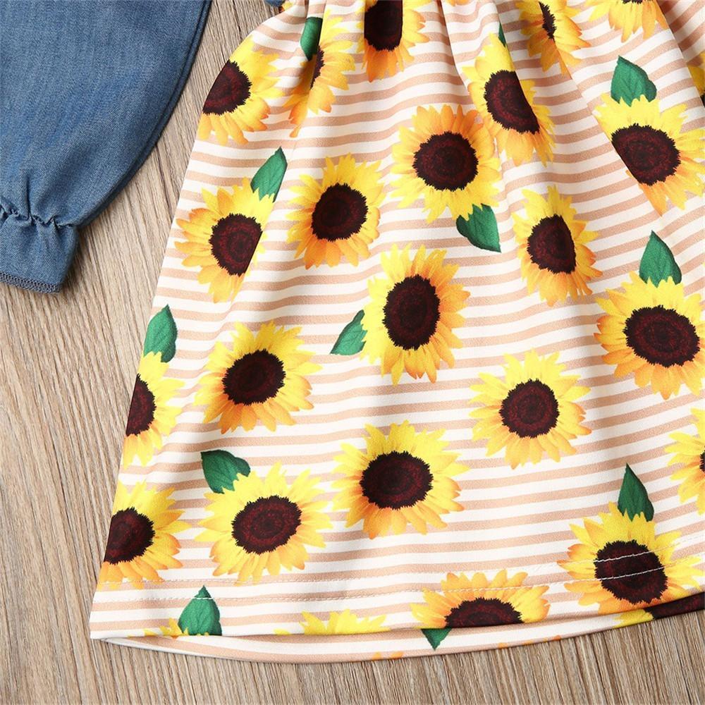 Girls Sunflower Printed Long Sleeve Ruffle Dress - PrettyKid