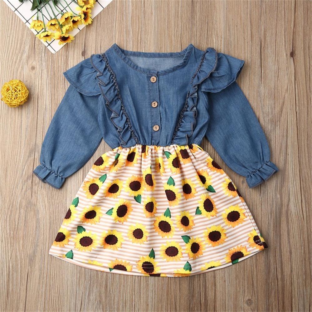 Girls Sunflower Printed Long Sleeve Ruffle Dress - PrettyKid