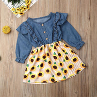 Girls Sunflower Printed Long Sleeve Ruffle Dress - PrettyKid