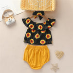 Baby Girls Sunflower Printed Lotus Leaf Collar Top & Shorts & Headband Boutique Baby clothing Wholesale - PrettyKid