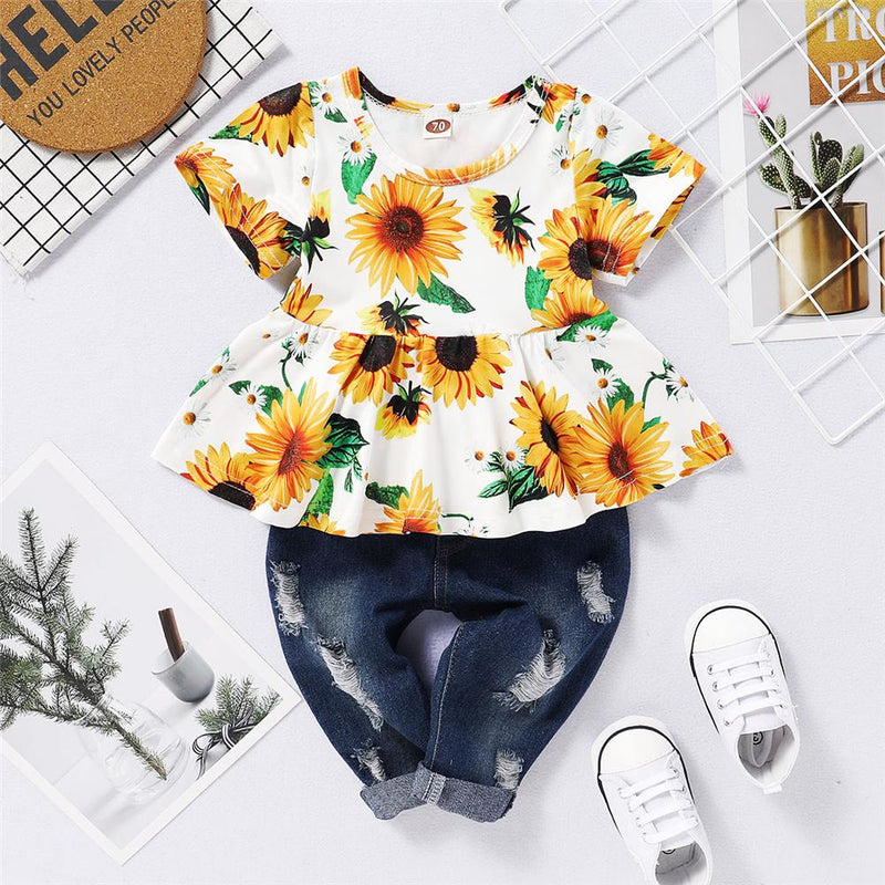 Baby Girls Sunflower Printed Short Sleeve Top & Ripped Jeans Baby Boutique Clothes Wholesale - PrettyKid