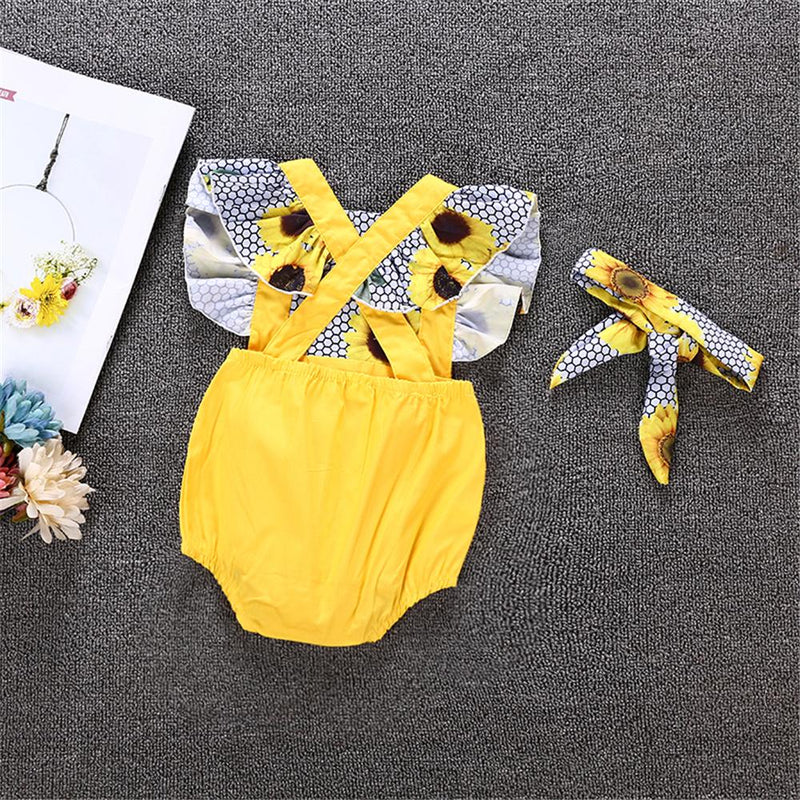 Baby Girls Sunflower Printed Sleeveless Romper & Headband Wholesale Baby Boutique Items - PrettyKid