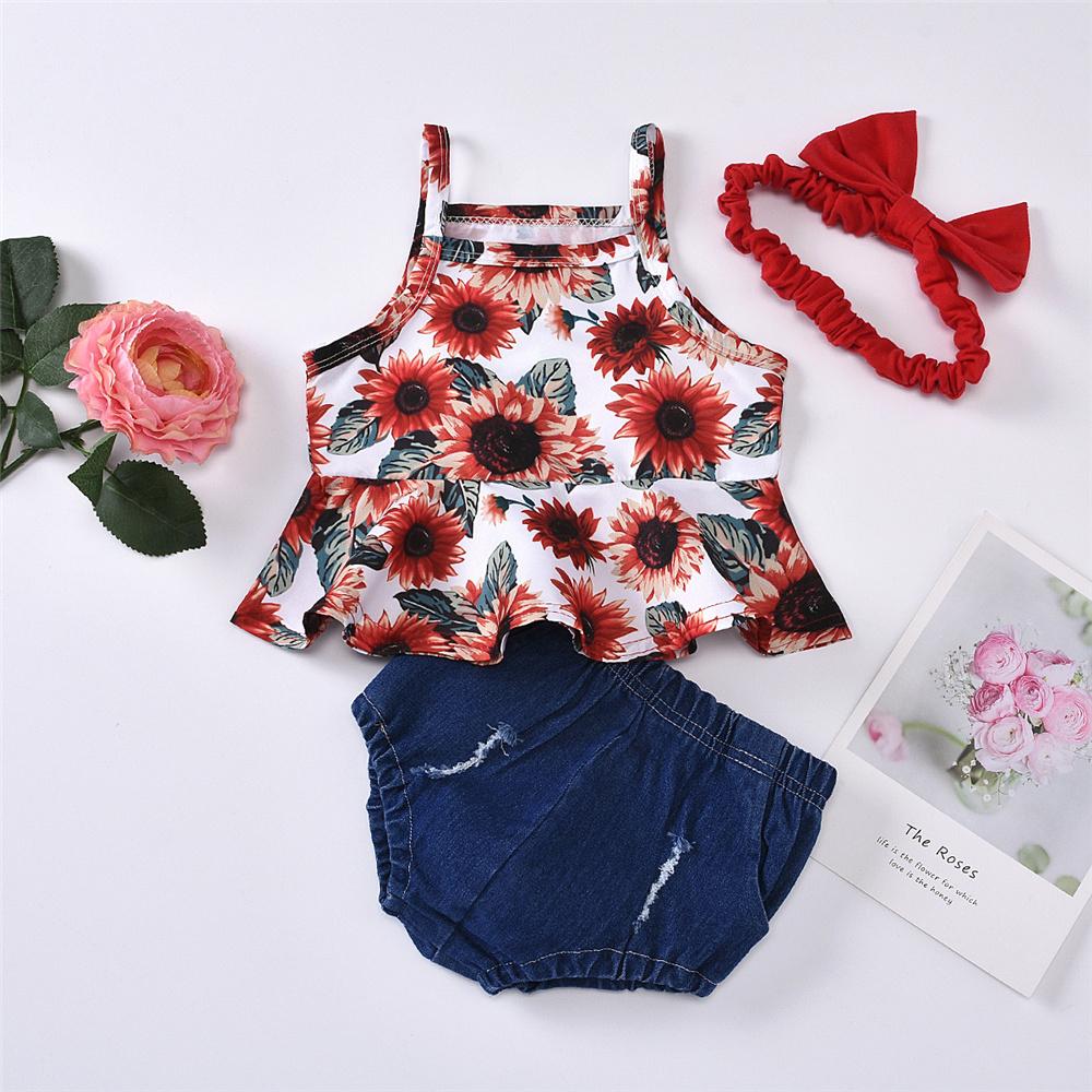 Baby Girls Sunflower Printed Sling Top & Shorts & Headband Cheap Baby Clothes In Bulk - PrettyKid