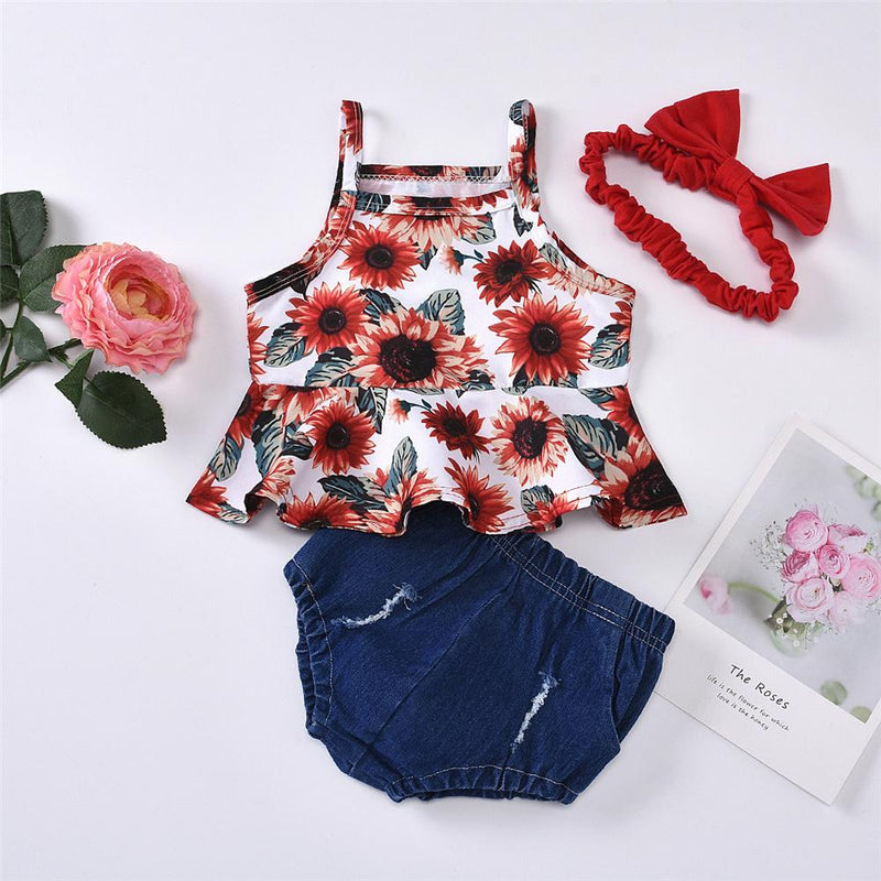 Baby Girls Sunflower Printed Sling Top & Shorts & Headband Cheap Baby Clothes In Bulk - PrettyKid