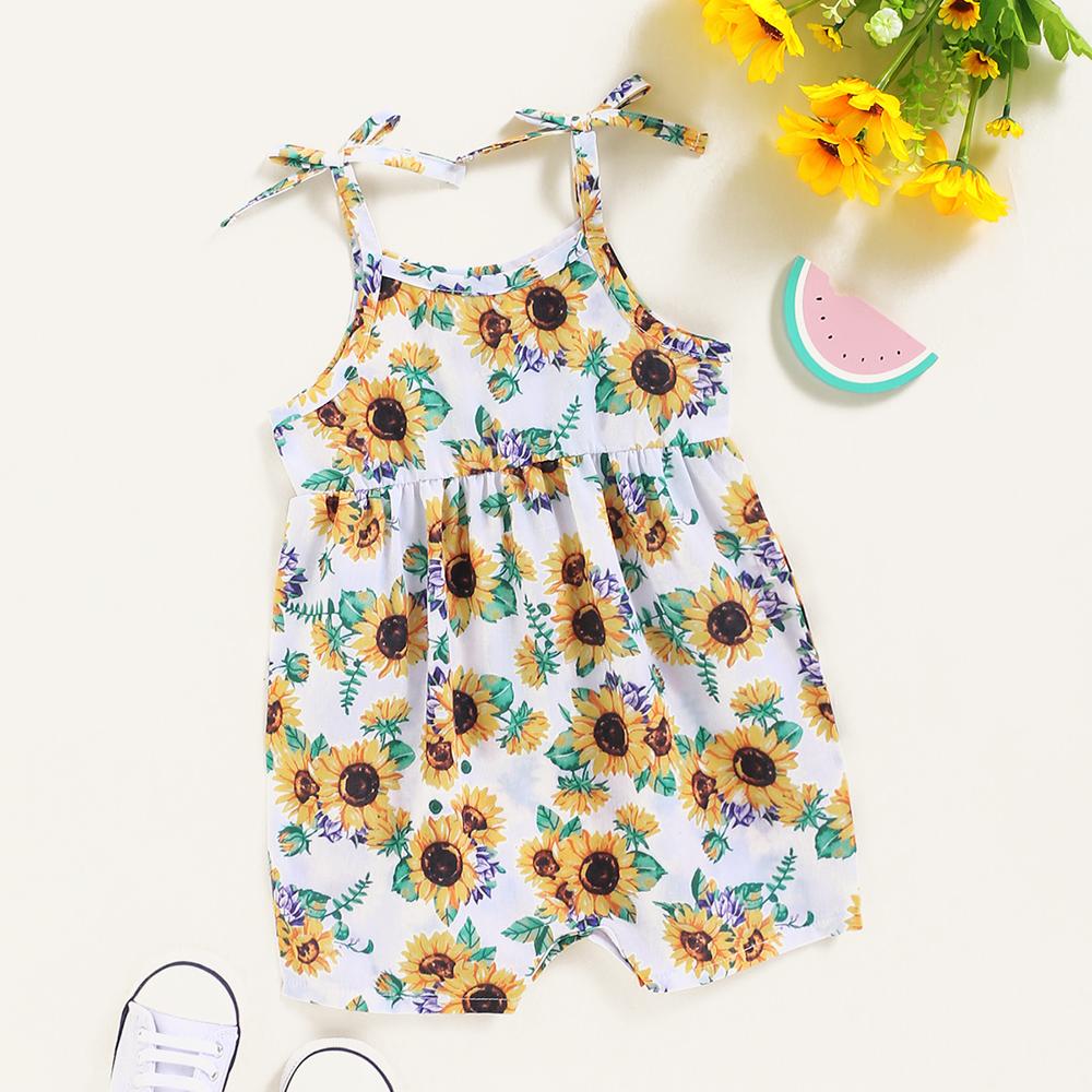 Baby Girls Sunflower Printed Suspender Romper Baby clothes Wholesale in bulk - PrettyKid