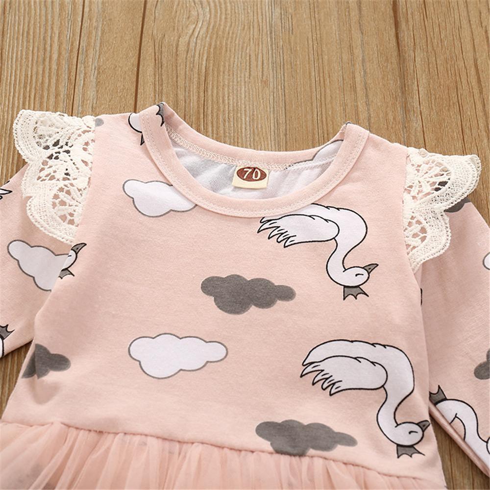 Baby Girls Swan Print Long-sleeved Tulle Romper Dress - PrettyKid