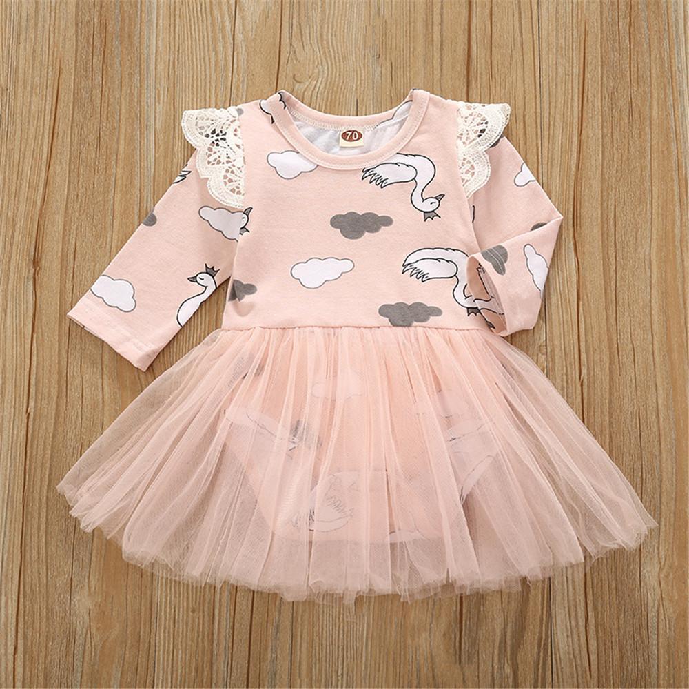 Baby Girls Swan Print Long-sleeved Tulle Romper Dress - PrettyKid