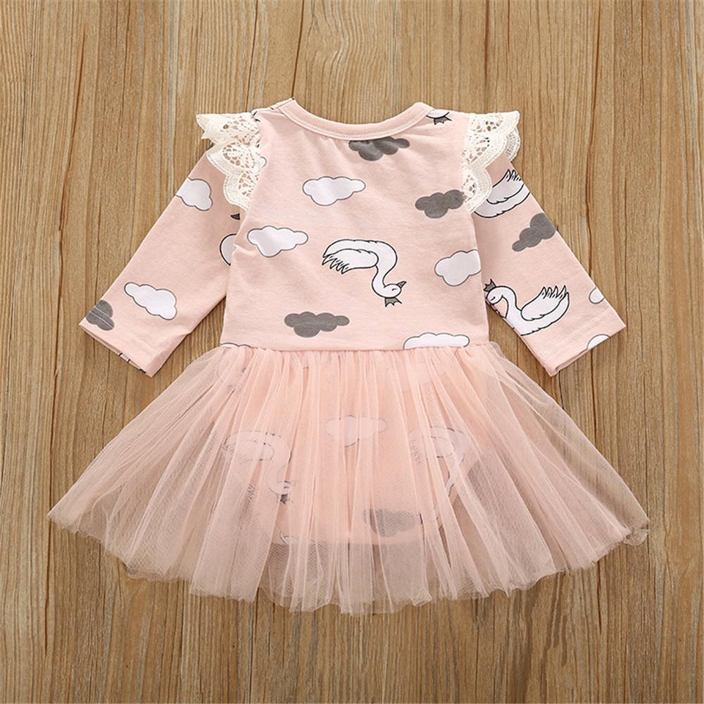 Baby Girls Swan Print Long-sleeved Tulle Romper Dress - PrettyKid