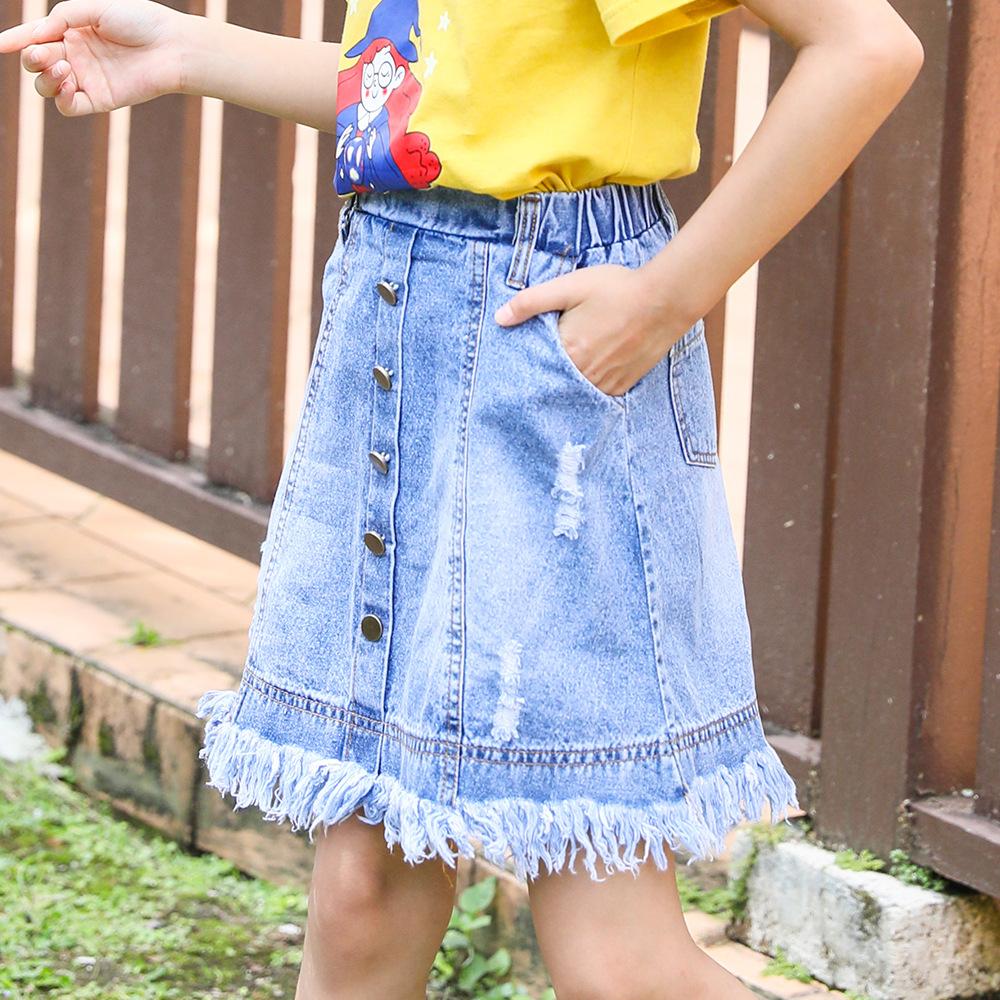 Girls Tassel Button Pocket Ripped Denim Skirt Wholesale Boutique Girl Clothing - PrettyKid