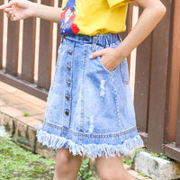 Girls Tassel Button Pocket Ripped Denim Skirt Wholesale Boutique Girl Clothing - PrettyKid