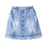 Girls Tassel Button Pocket Ripped Denim Skirt Wholesale Boutique Girl Clothing - PrettyKid