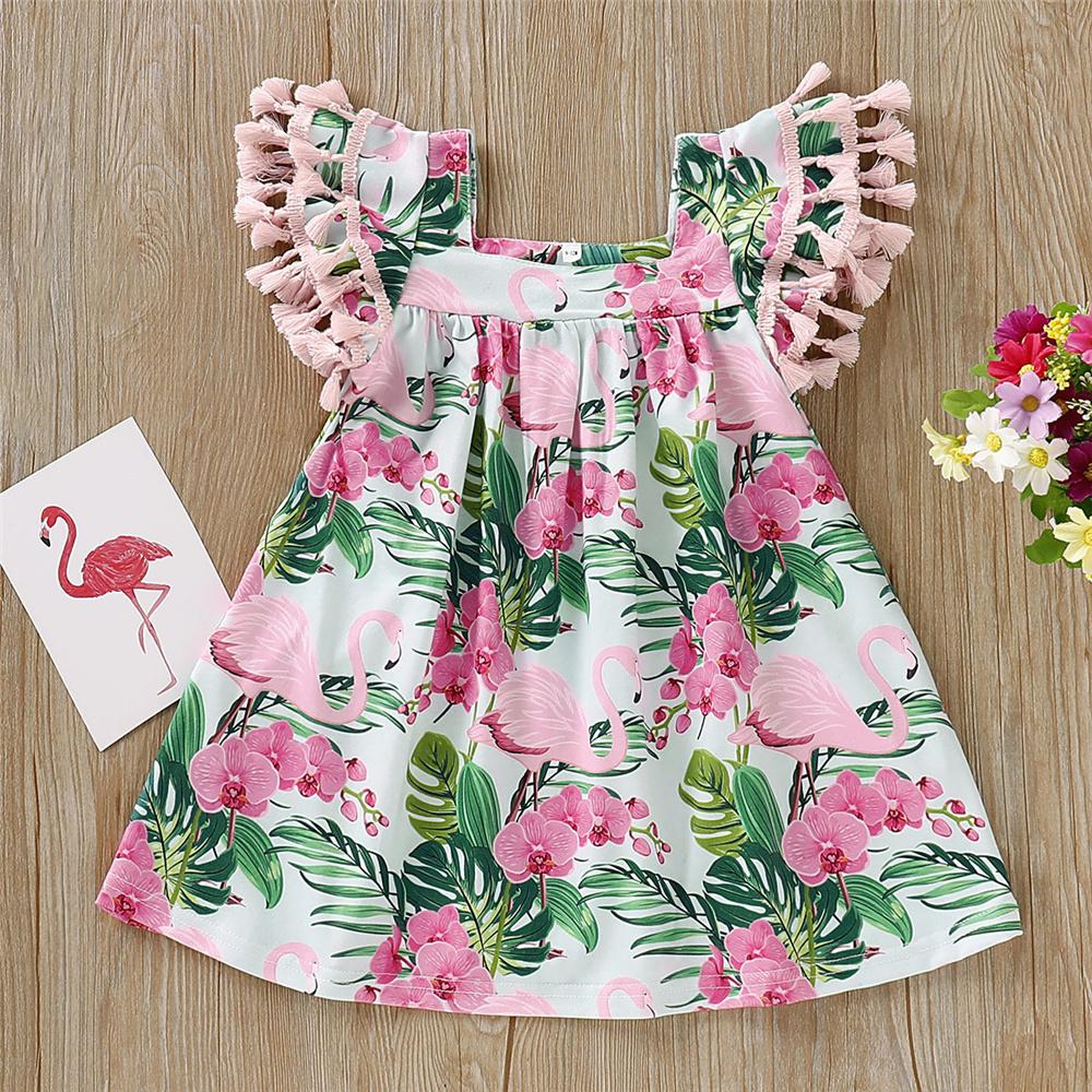 Baby Girls Tassel Sleeve Animal Floral Printed Dress Wholesale clothes Baby - PrettyKid
