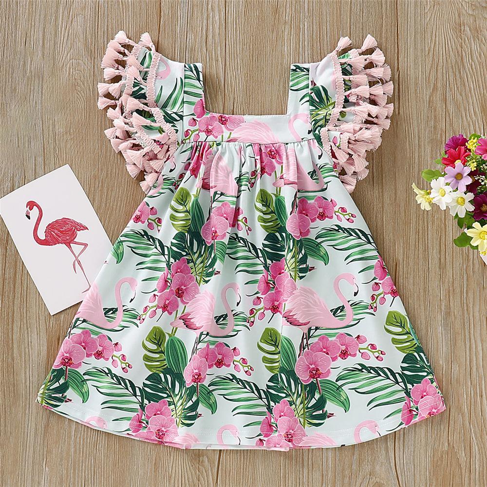 Baby Girls Tassel Sleeve Animal Floral Printed Dress Wholesale clothes Baby - PrettyKid