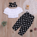 Girls Tassel Solid Color Short Sleeve Top & Polka Dot Pants & Headband Wholesale Baby Girl Clothes - PrettyKid