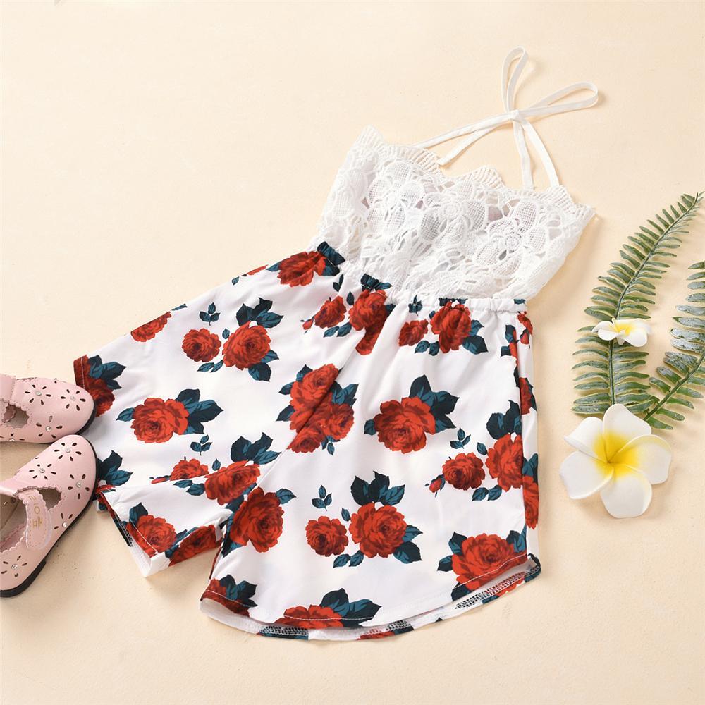 Girls Tether Lace Floral Printed Tank Jumpsuit Kids Wholesale Clothing - PrettyKid