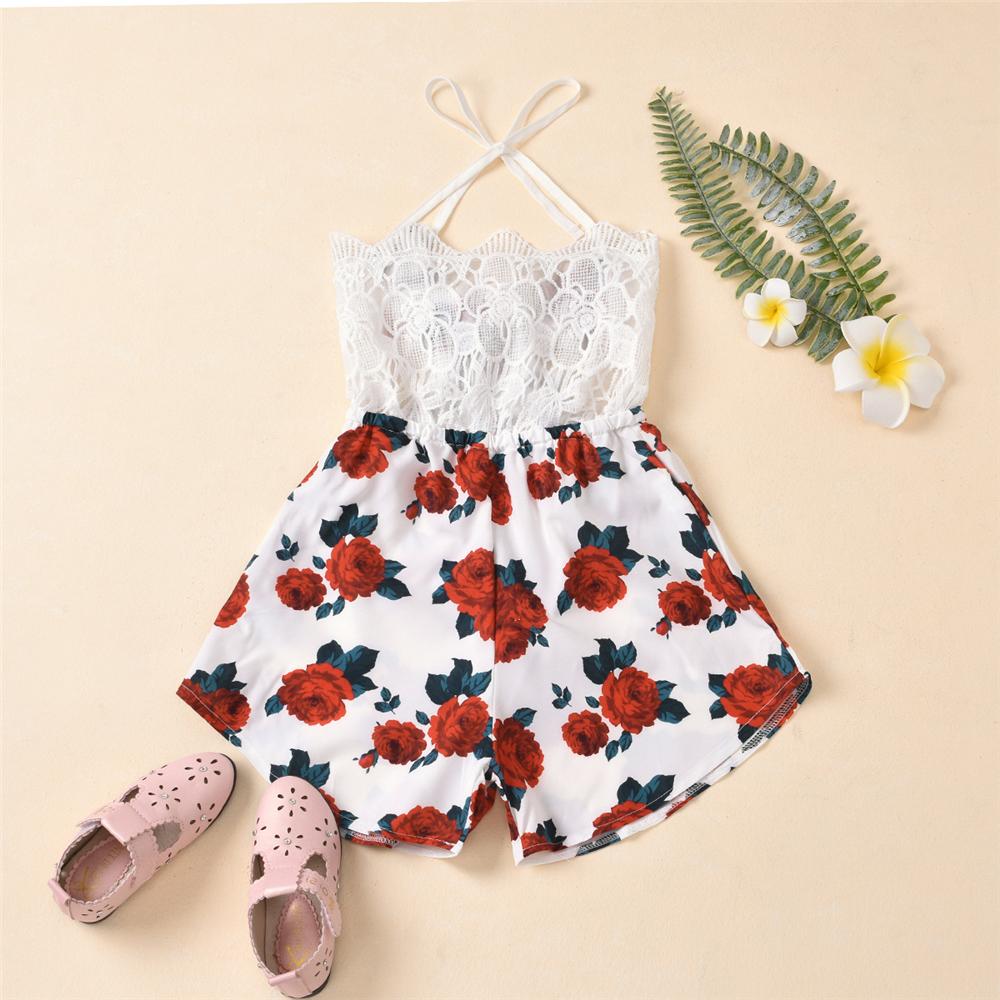 Girls Tether Lace Floral Printed Tank Jumpsuit Kids Wholesale Clothing - PrettyKid