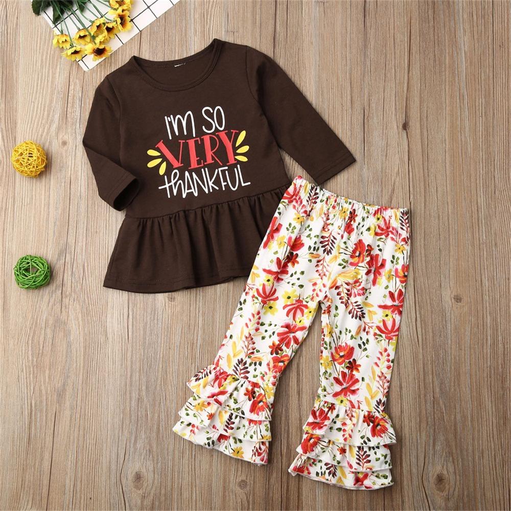 Girls Thanksgiving Letter Printed Top & Bell Bottoms Wholesale Girls Clothes - PrettyKid