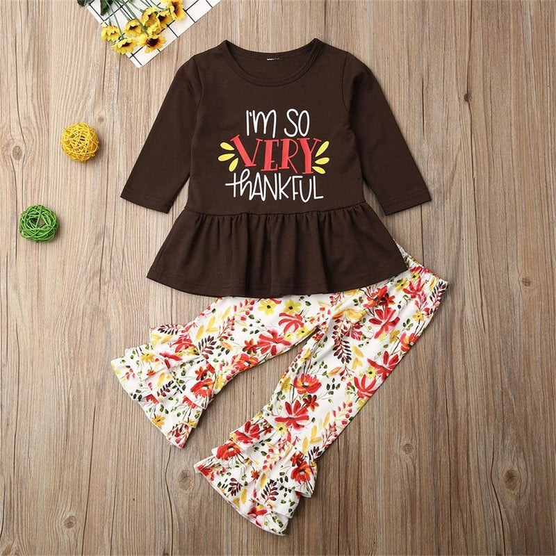 Girls Thanksgiving Letter Printed Top & Bell Bottoms Wholesale Girls Clothes - PrettyKid