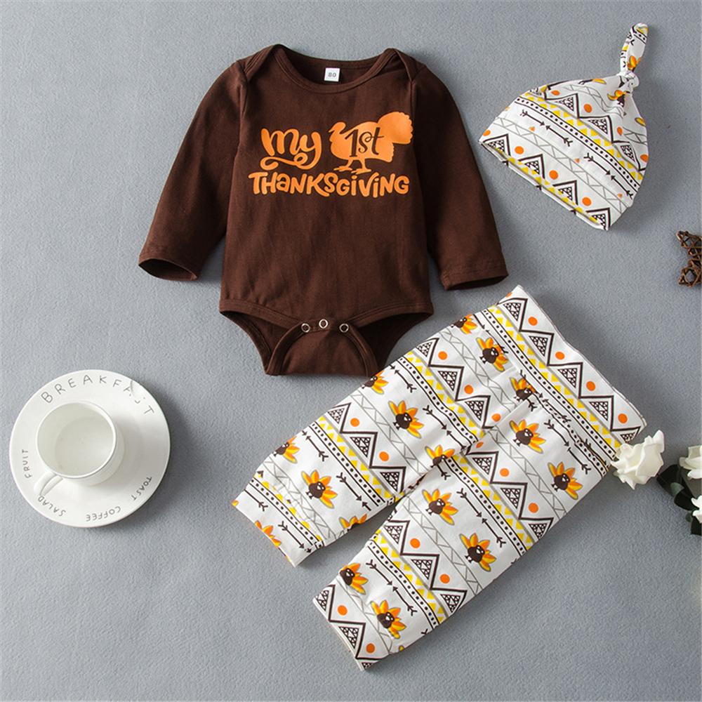 Baby Girls Thanksgiving Printed Romper & Pants & Hat Wholesale Baby Cloths - PrettyKid