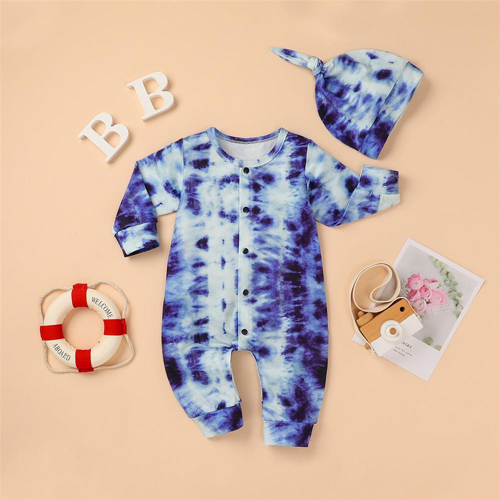 Baby Tie-dye Long Sleeve Casual Romper & Hat - PrettyKid