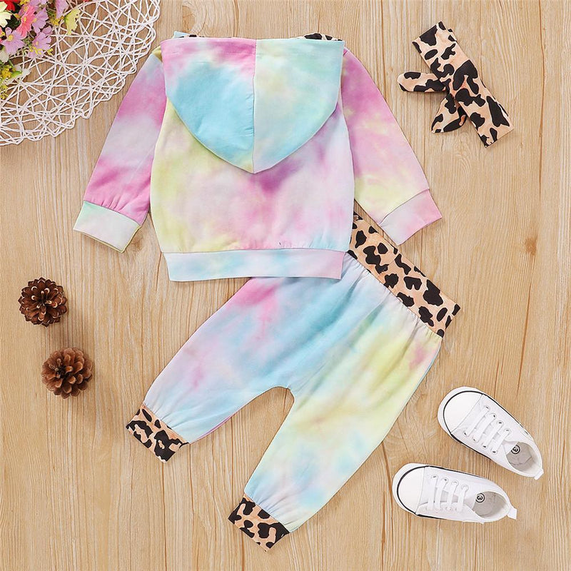 Baby Girls Tie Dye Leopard Long Sleeve Hooded Tops & Trousers & Headband - PrettyKid