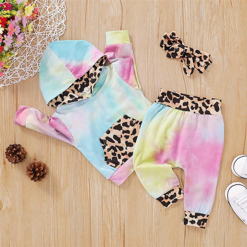 Baby Girls Tie Dye Leopard Long Sleeve Hooded Tops & Trousers & Headband - PrettyKid