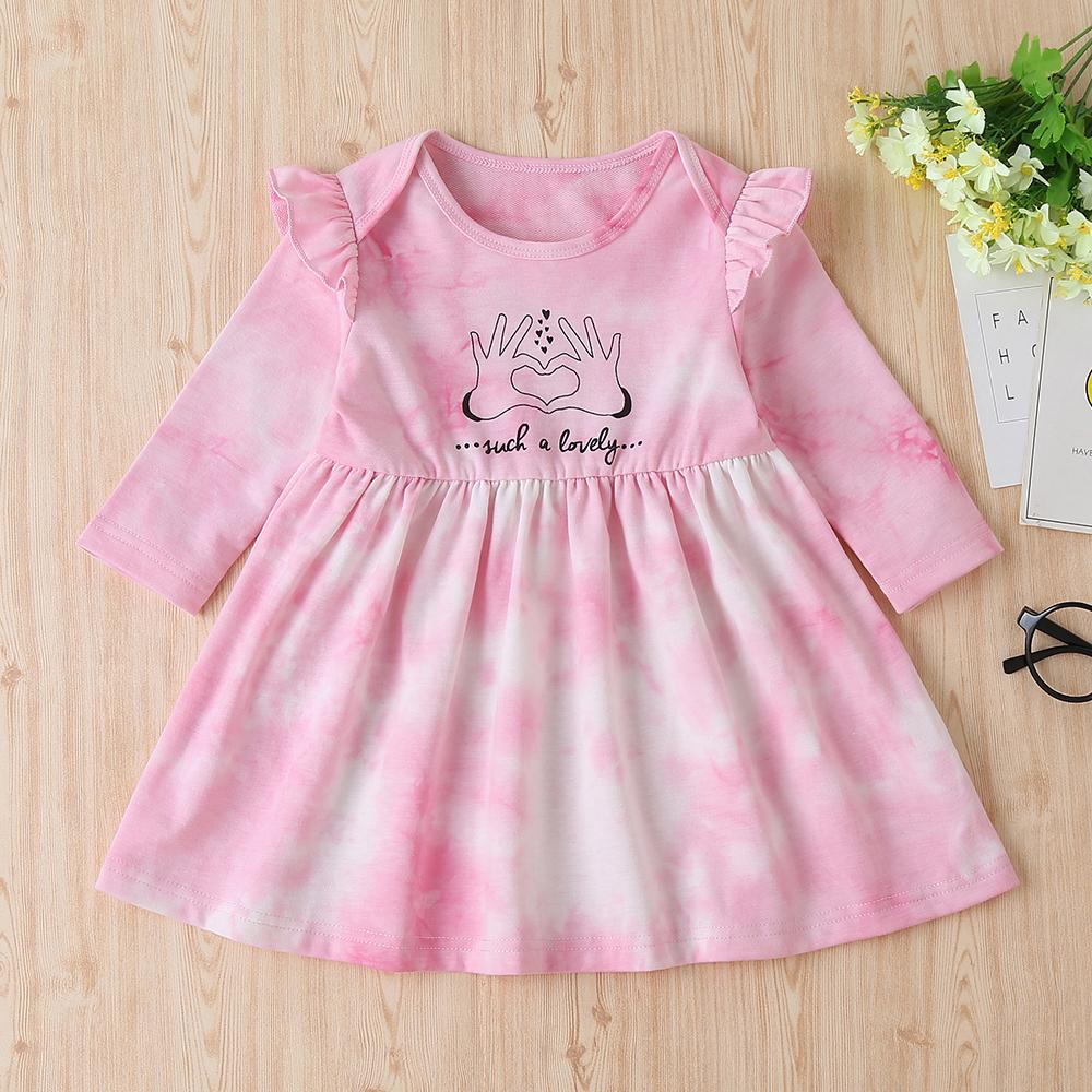 Baby Girls Tie Dye Letter Printed Long Sleeve Pleated Dress - PrettyKid
