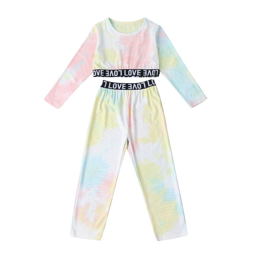 Girls Tie Dye Letter Printed Tops & Elastic Waist Pants - PrettyKid