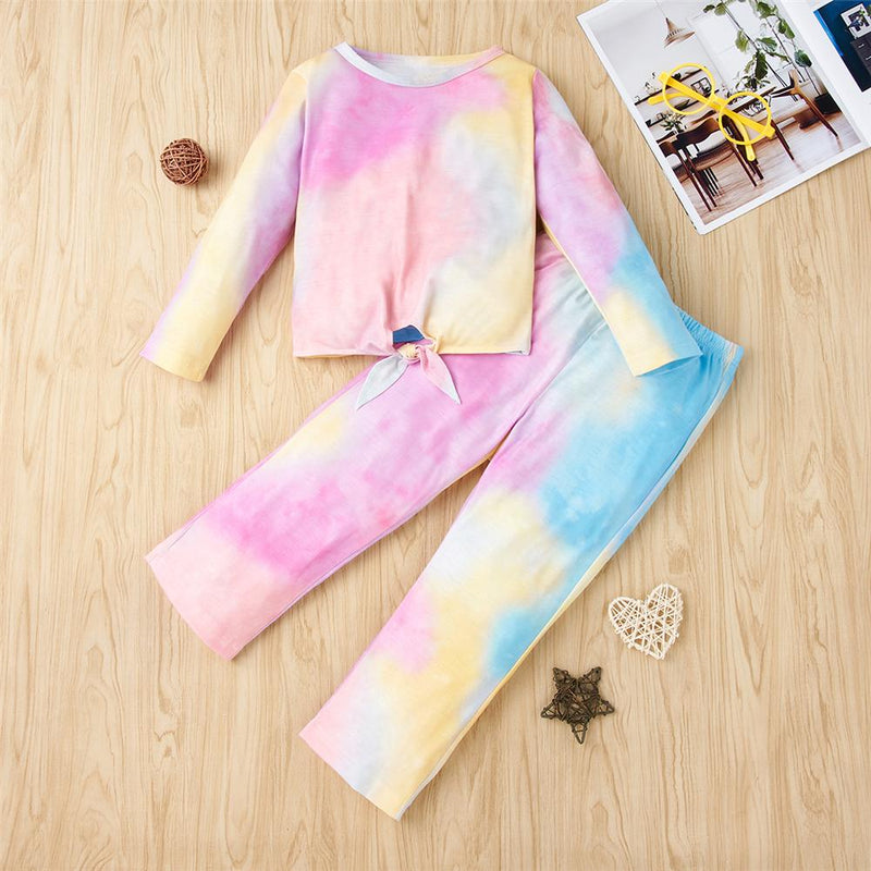 Gils Tie Dye Long Sleeve Bow Decor Tees & Pants Girls Clothing Wholesale - PrettyKid