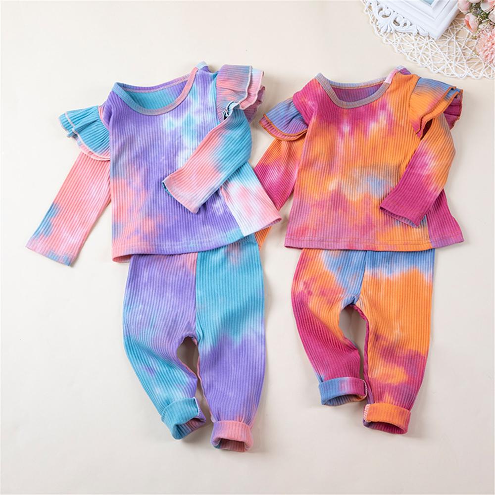 Girls Tie Dye Long Sleeve Ruffled Top & Pants Toddler Girls Wholesale - PrettyKid