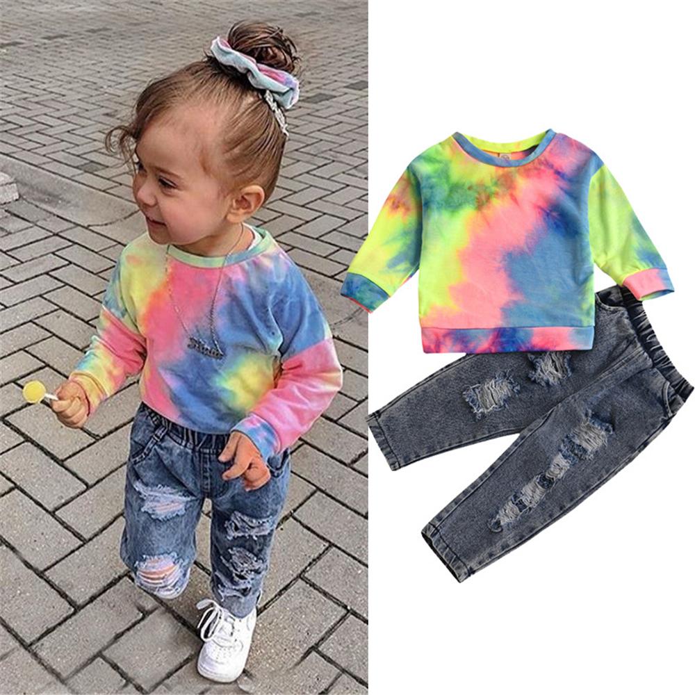 Girls Tie Dye Long Sleeve Top & Ripped Jeans Girls Clothing Wholesale - PrettyKid