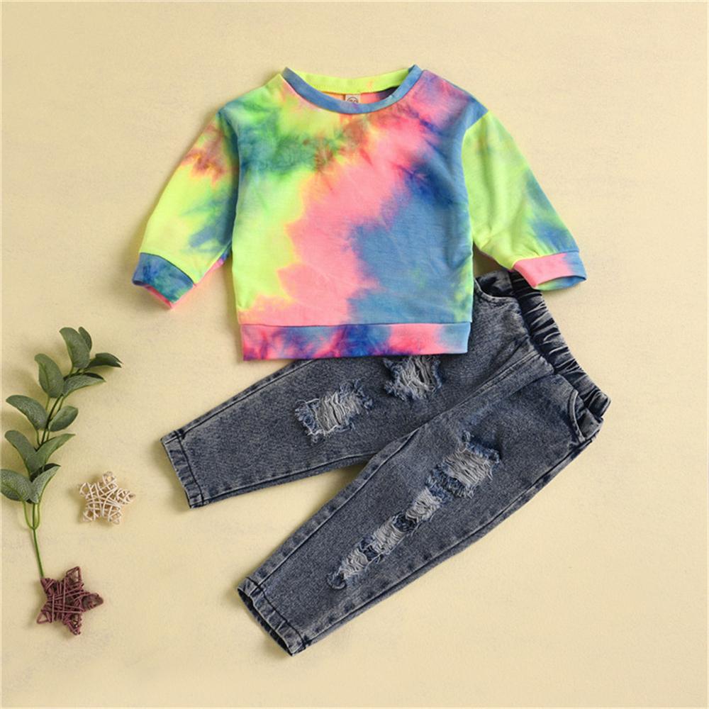 Girls Tie Dye Long Sleeve Top & Ripped Jeans Girls Clothing Wholesale - PrettyKid