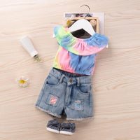 Girls Tie Dye Off Shoulder Top & Patch Denim Shorts Girls Clothing Wholesale - PrettyKid