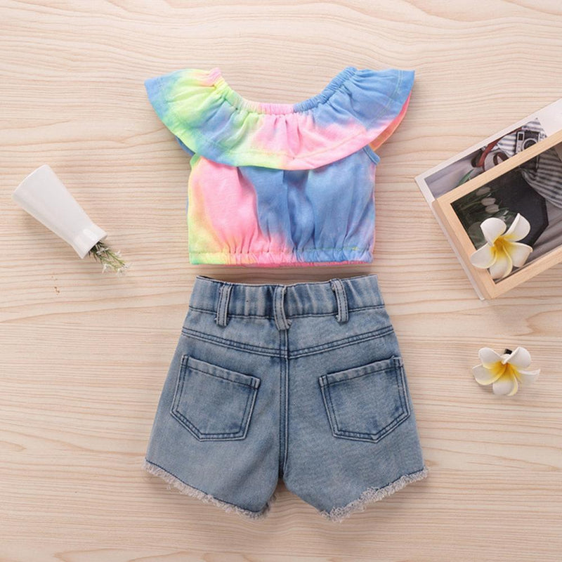 Girls Tie Dye Off Shoulder Top & Patch Denim Shorts Girls Clothing Wholesale - PrettyKid
