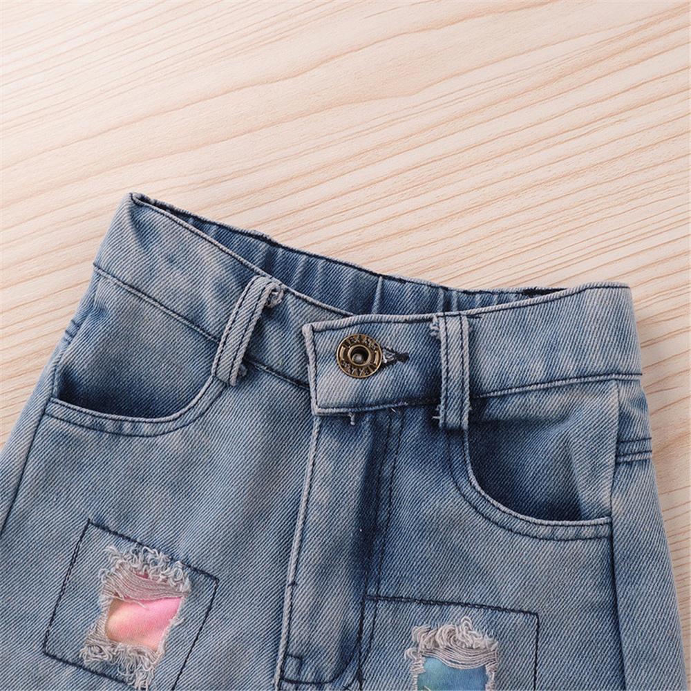 Girls Tie Dye Off Shoulder Top & Patch Denim Shorts Girls Clothing Wholesale - PrettyKid