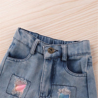 Girls Tie Dye Off Shoulder Top & Patch Denim Shorts Girls Clothing Wholesale - PrettyKid