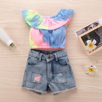 Girls Tie Dye Off Shoulder Top & Patch Denim Shorts Girls Clothing Wholesale - PrettyKid