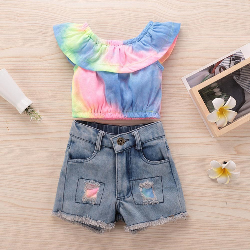 Girls Tie Dye Off Shoulder Top & Patch Denim Shorts Girls Clothing Wholesale - PrettyKid
