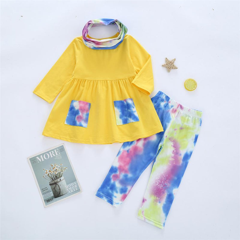 Girls Tie Dye Pocket Long Sleeve Top & Pants & Scarf Girls Clothing Wholesalers - PrettyKid