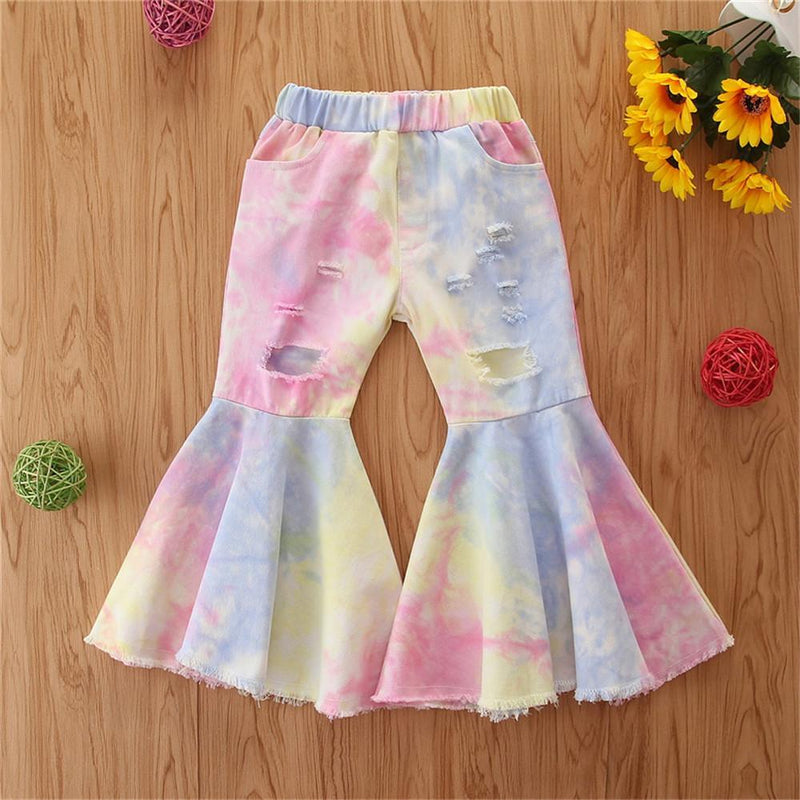 Girls Tie Dye Pocket Ripped Flared Trousers Wholesale Kids - PrettyKid