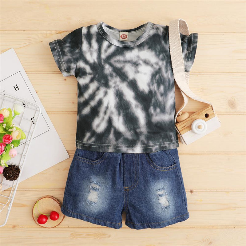 Baby Boy Tie Dye Short Sleeve Top & Denim Ripped Shorts Wholesale Baby Clothes Suppliers - PrettyKid