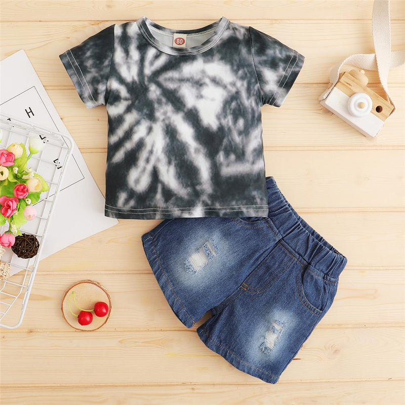 Baby Boy Tie Dye Short Sleeve Top & Denim Ripped Shorts Wholesale Baby Clothes Suppliers - PrettyKid