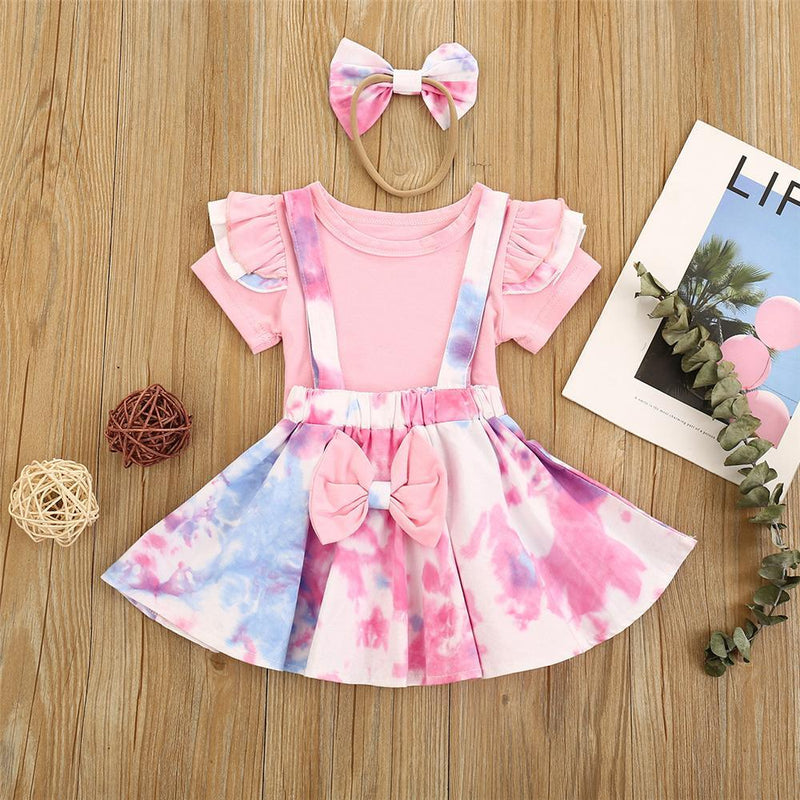 Girls Tie Dye Short Sleeve Top & Suspender Skirt & Headband Wholesale Girl clothes - PrettyKid