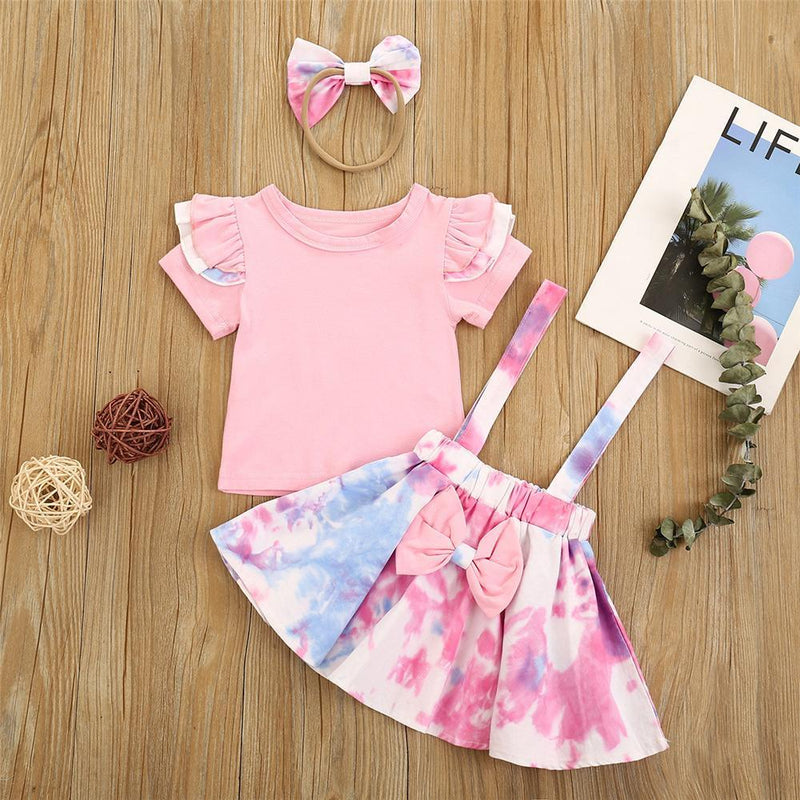 Girls Tie Dye Short Sleeve Top & Suspender Skirt & Headband Wholesale Girl clothes - PrettyKid