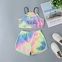 Girls Tie Dye Sleeveless Letter Print Tank Top & Shorts - PrettyKid