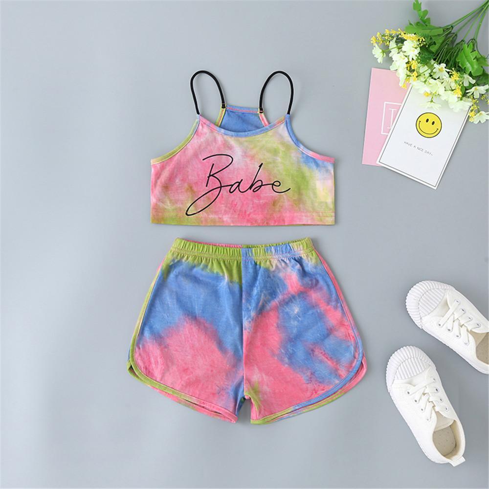 Girls Tie Dye Sleeveless Letter Print Tank Top & Shorts - PrettyKid