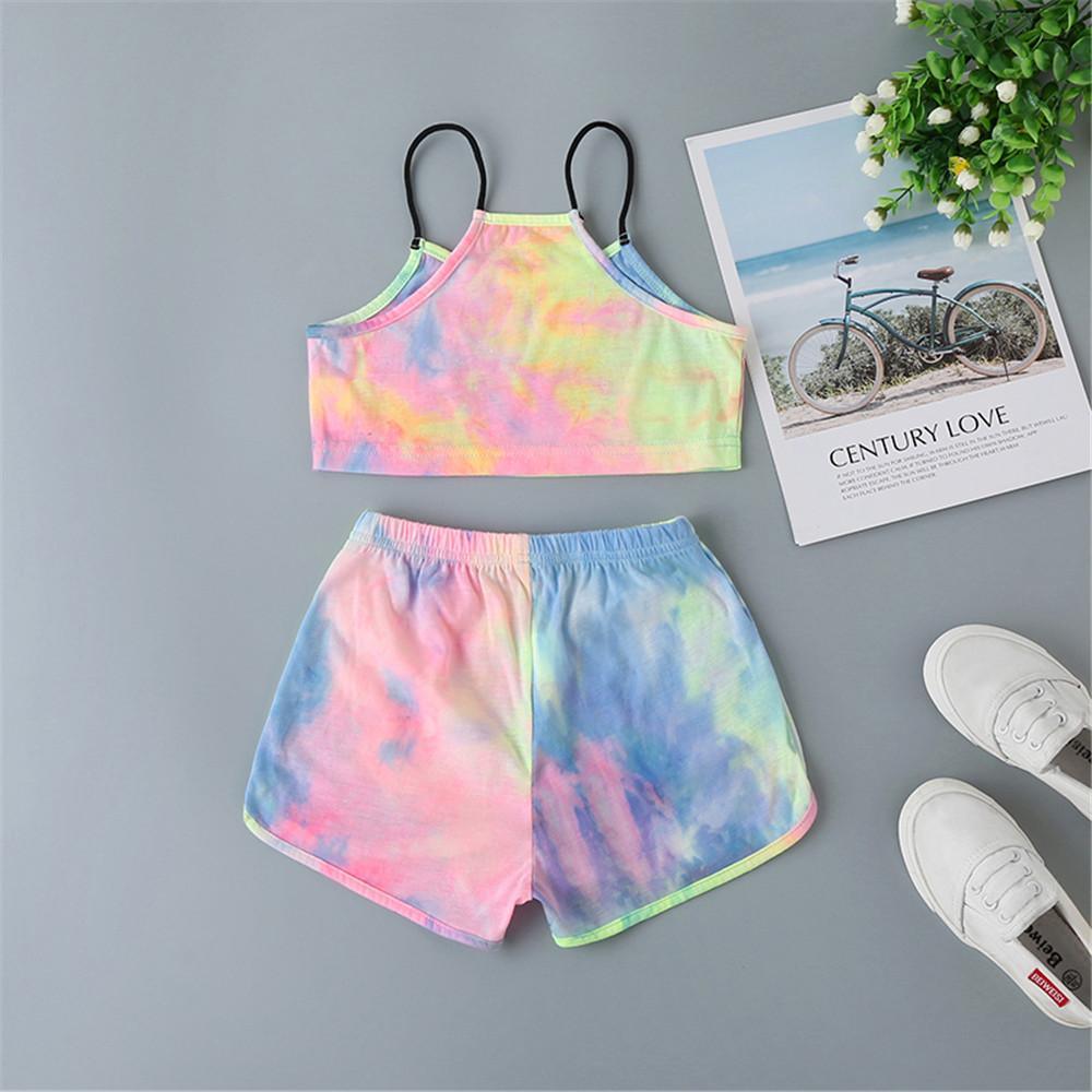 Girls Tie Dye Sleeveless Letter Print Tank Top & Shorts - PrettyKid