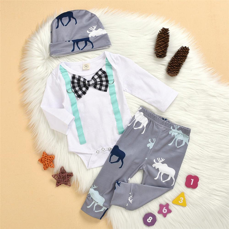 Baby Boys Tie Long Sleeve Romper & Animal Print Pants & Hat Wholesale Baby - PrettyKid