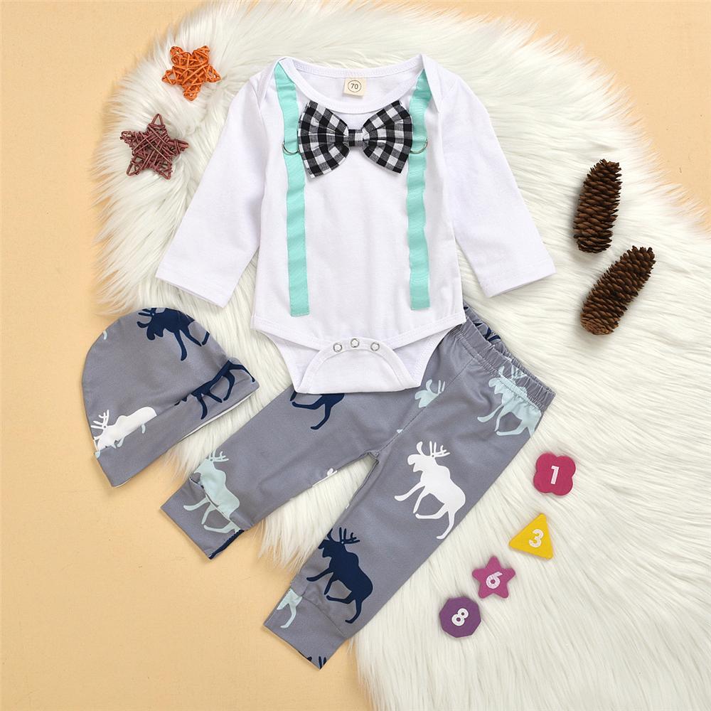 Baby Boys Tie Long Sleeve Romper & Animal Print Pants & Hat Wholesale Baby - PrettyKid