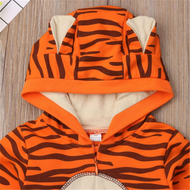 Baby Tiger Animal Print Long Sleeve Hooded Rompers - PrettyKid
